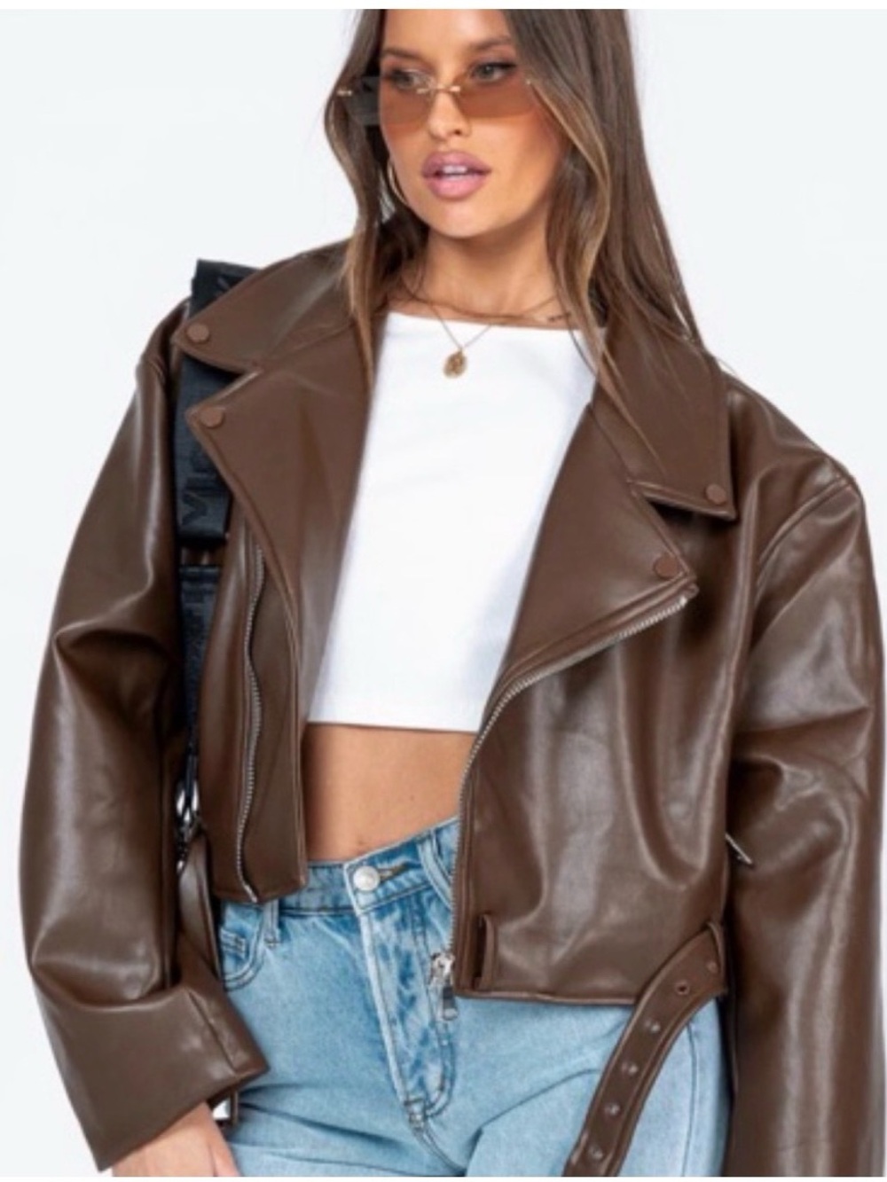 Lioness Staten Island Brown Faux Leather Cropped Bomber